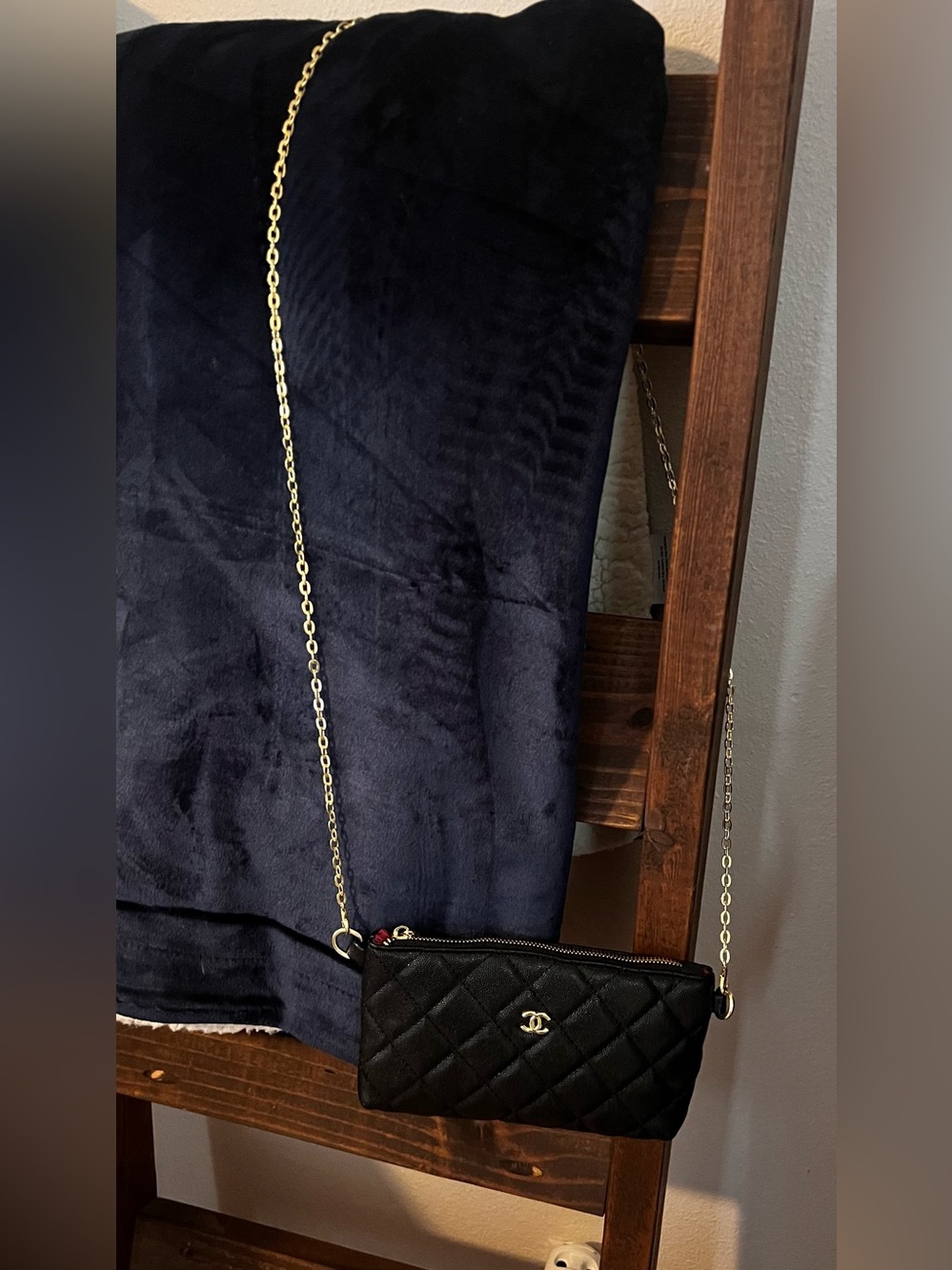 Black Quilted Caviar Leather Crossbody with Gold Chain - Picture 4 of 4